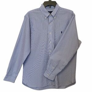 Ralph Lauren Blue White Striped Button Down Shirt Large Crinkle Finish Classic